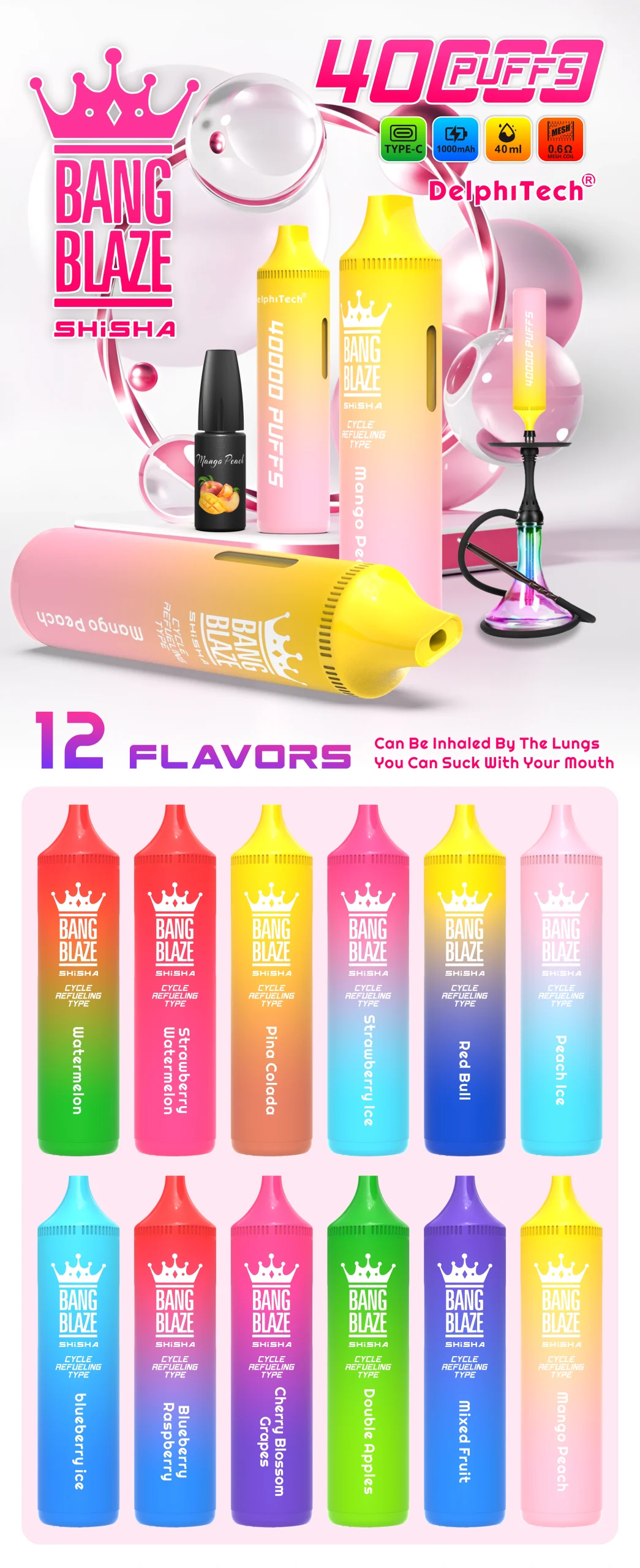 Bang Blaze 40K Puffs Shisha Refillable Vape 12 Flavors