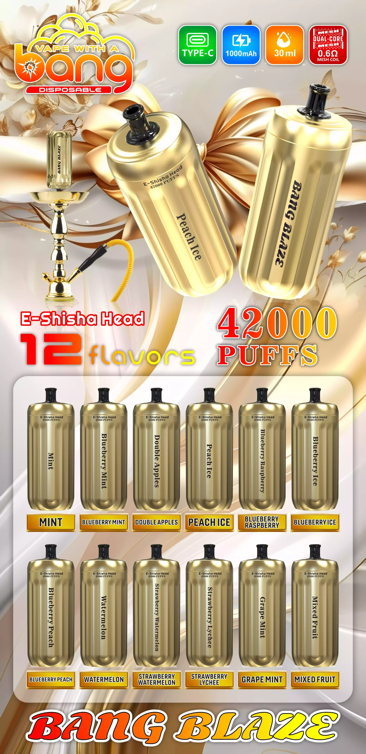 Bang E-Shisha Head 42000 Puffs Gold Design Hookah 12 Flavors