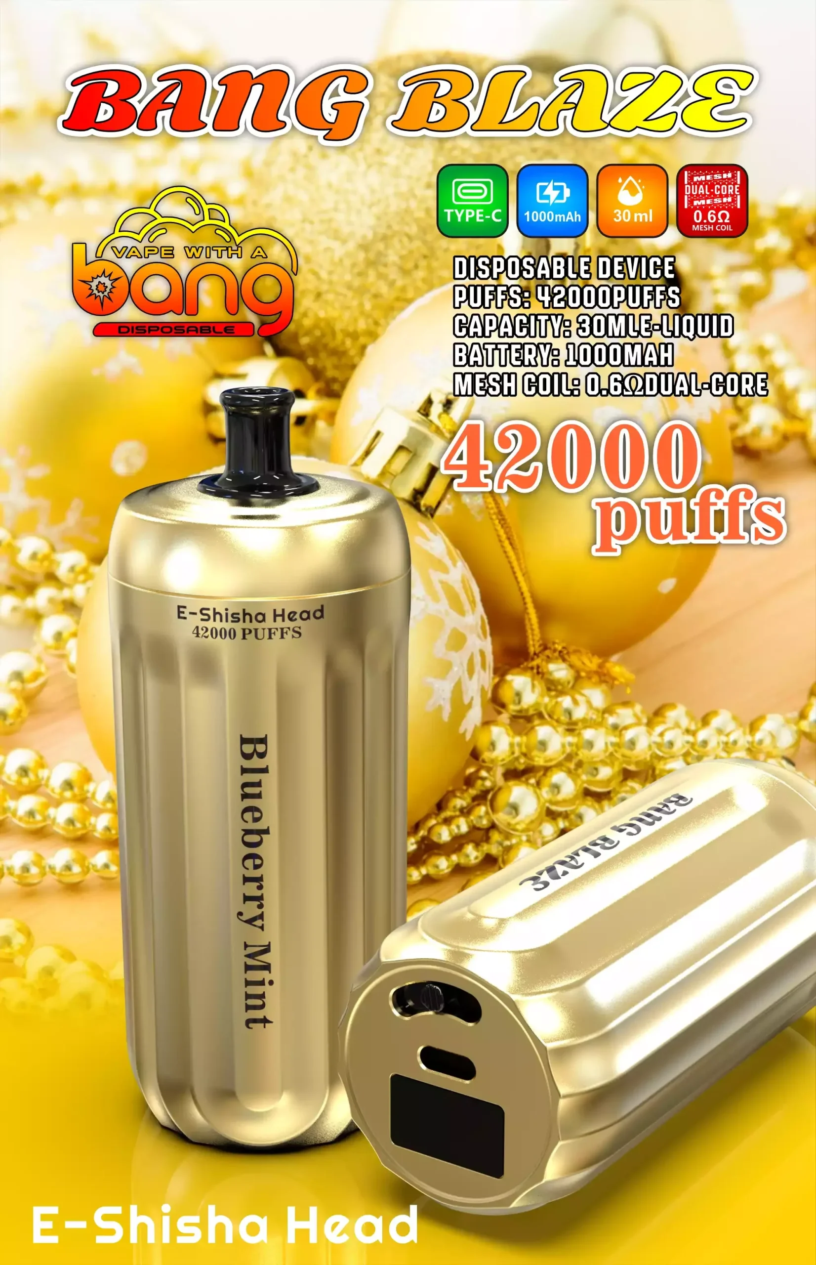 Bang E-Shisha Head 42000 Puffs Gold Design Hookah Blueberry Mint Bang E-Shisha Head 42000 Puffs Gold Design Hookah Blueberry Mint