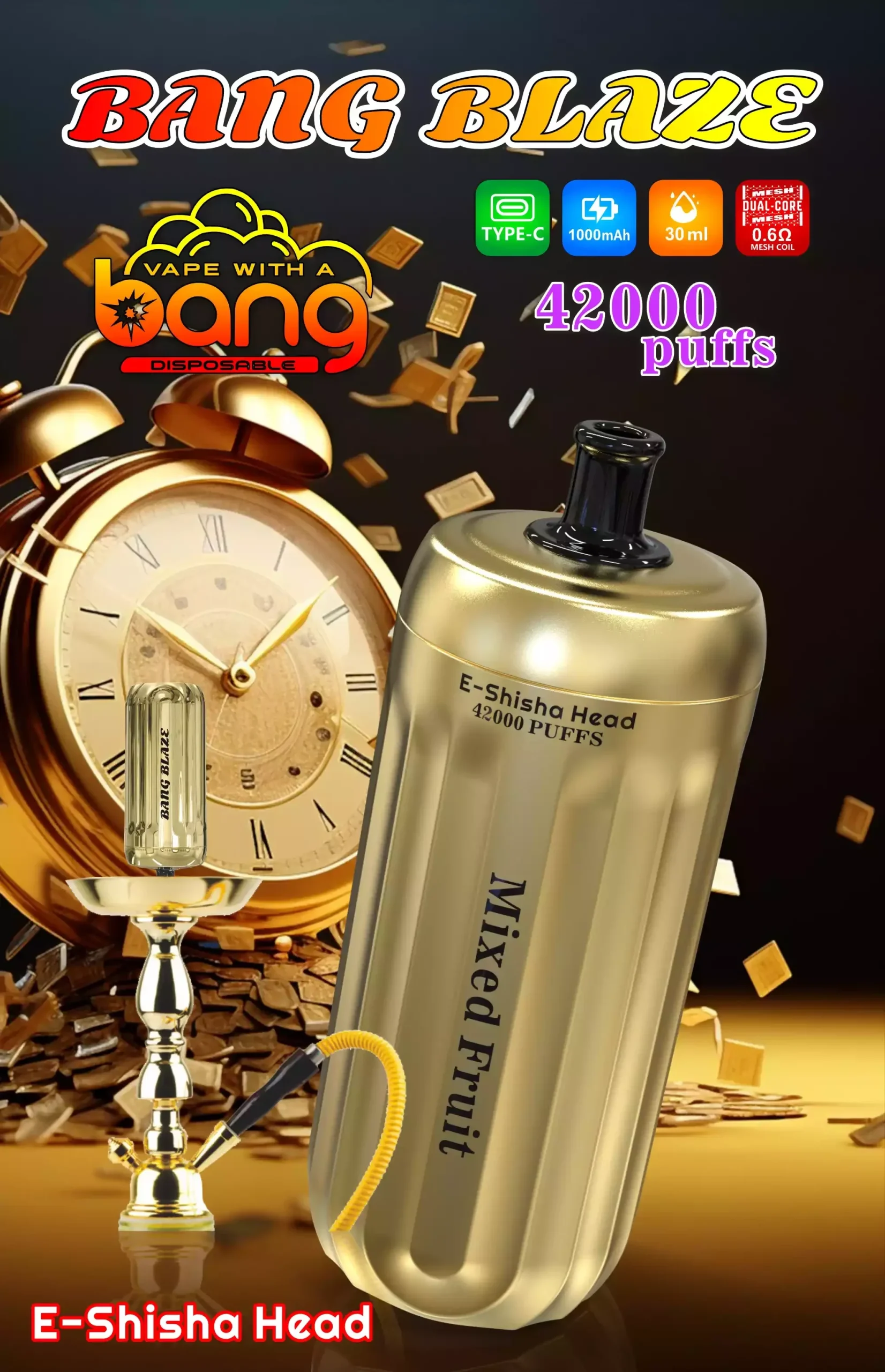 Bang E-Shisha Head 42000 Puffs Gold Design Hookah Mixed Fruit Bang E-Shisha Head 42000 Puffs Gold Design Hookah Mixed Fruit