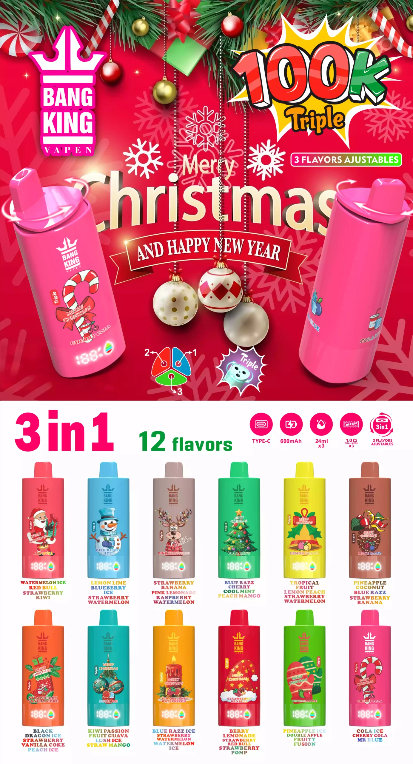 Bang King 100K Puffs Vape 12 Flavors Per Christmas Gift Box 3-in-1 Flavor Vape 12 Flavors
