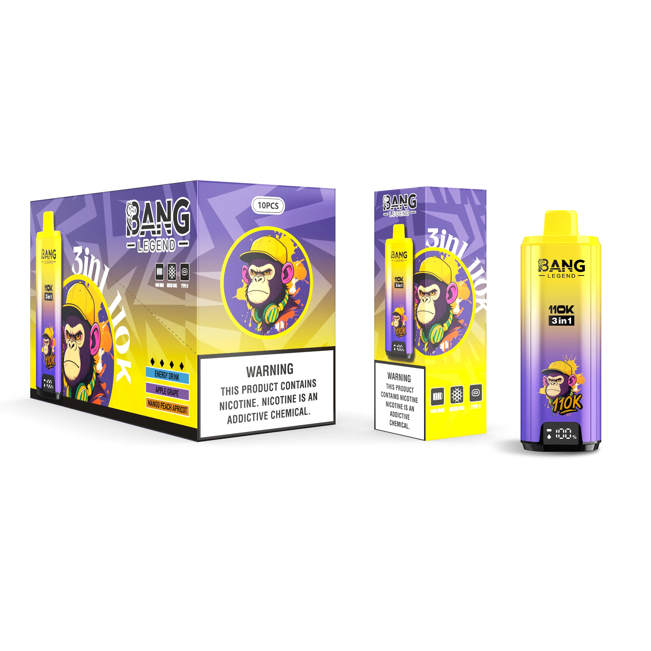 Bang Legend 110K Puffs 3 IN 1 Flavors Disposable Vape Wholesale Energydrlnk & Apple Grape & Mango Peach Apricot Bang Legend 110K Puffs 3 IN 1 Flavors Disposable Vape Wholesale Energydrlnk & Apple Grape & Mango Peach Apricot