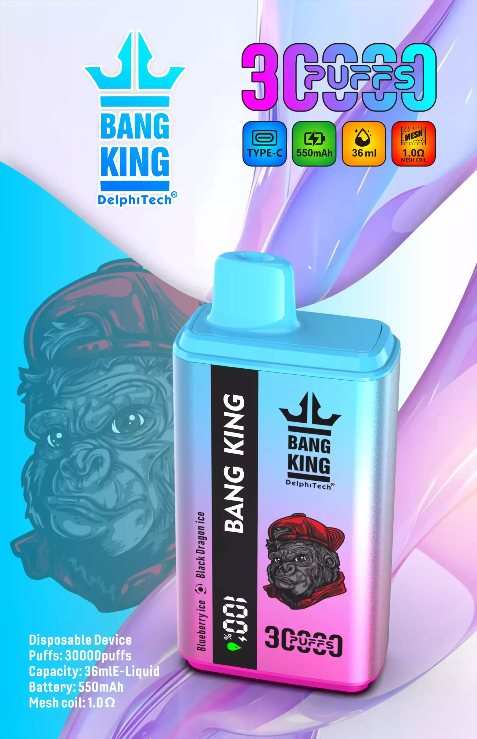 Bang King 30K Vape Dual Flavor 30000 Puffs Vape Smart Screen EU Warehouse Shipping Blueberry Ice & Black Dragon Ice Bang King 30K Vape Dual Flavor 30000 Puffs Vape Smart Screen EU Warehouse Shipping Blueberry Ice & Black Dragon Ice