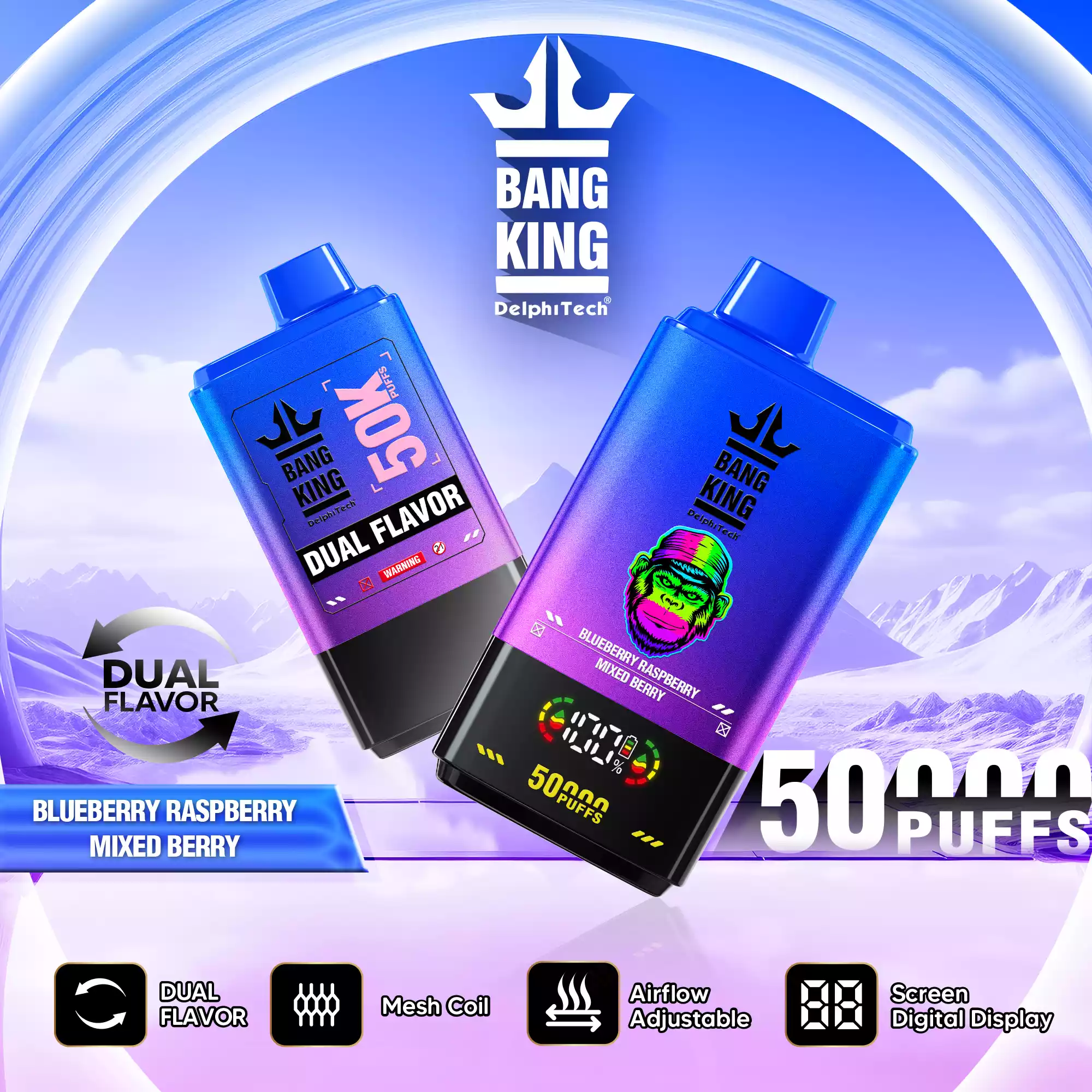 Bang King 50K Vape Dual Flavor LED Screen 50000 Puffs Disposable Vape EU Warehouse Shipping Blueberry Raspberry & Mixed Berry Bang King 50K Vape Dual Flavor LED Screen 50000 Puffs Disposable Vape EU Warehouse Shipping Blueberry Raspberry & Mixed Berry