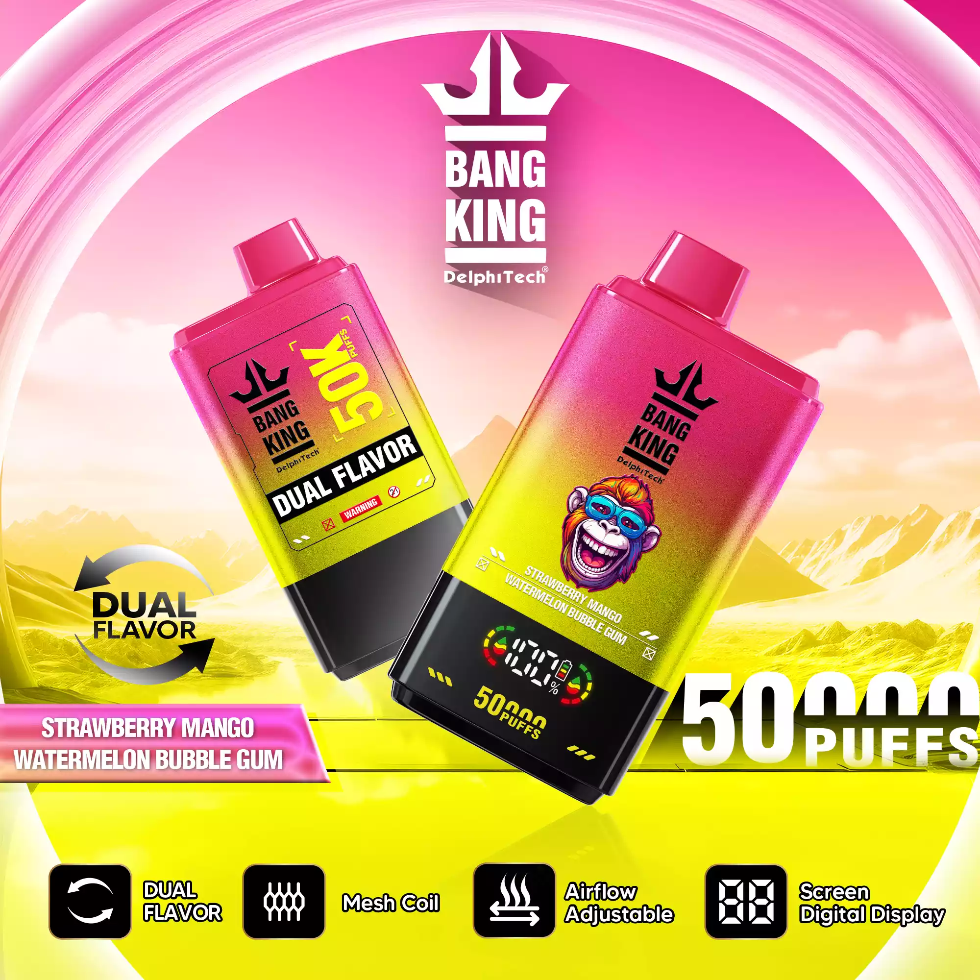Bang King 50K Vape Dual Flavor LED Screen 50000 Puffs Disposable Vape EU Warehouse Shipping Strawberry Mango & Watermelon Bubble Gum Bang King 50K Vape Dual Flavor LED Screen 50000 Puffs Disposable Vape EU Warehouse Shipping Strawberry Mango & Watermelon Bubble Gum