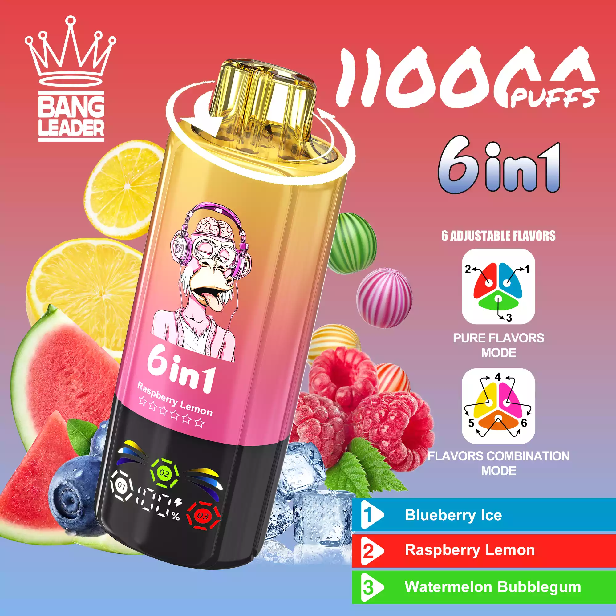 Bang Leader 110K Vape 6-in-1 Flavor Mix Switch 110000 Puffs Vape EU Warehouse Shipping Blueberry Ice & Raspberry Lemon & Watermelon Bubblegum Bang Leader 110K Vape 6-in-1 Flavor Mix Switch 110000 Puffs Vape EU Warehouse Shipping Blueberry Ice & Raspberry Lemon & Watermelon Bubblegum