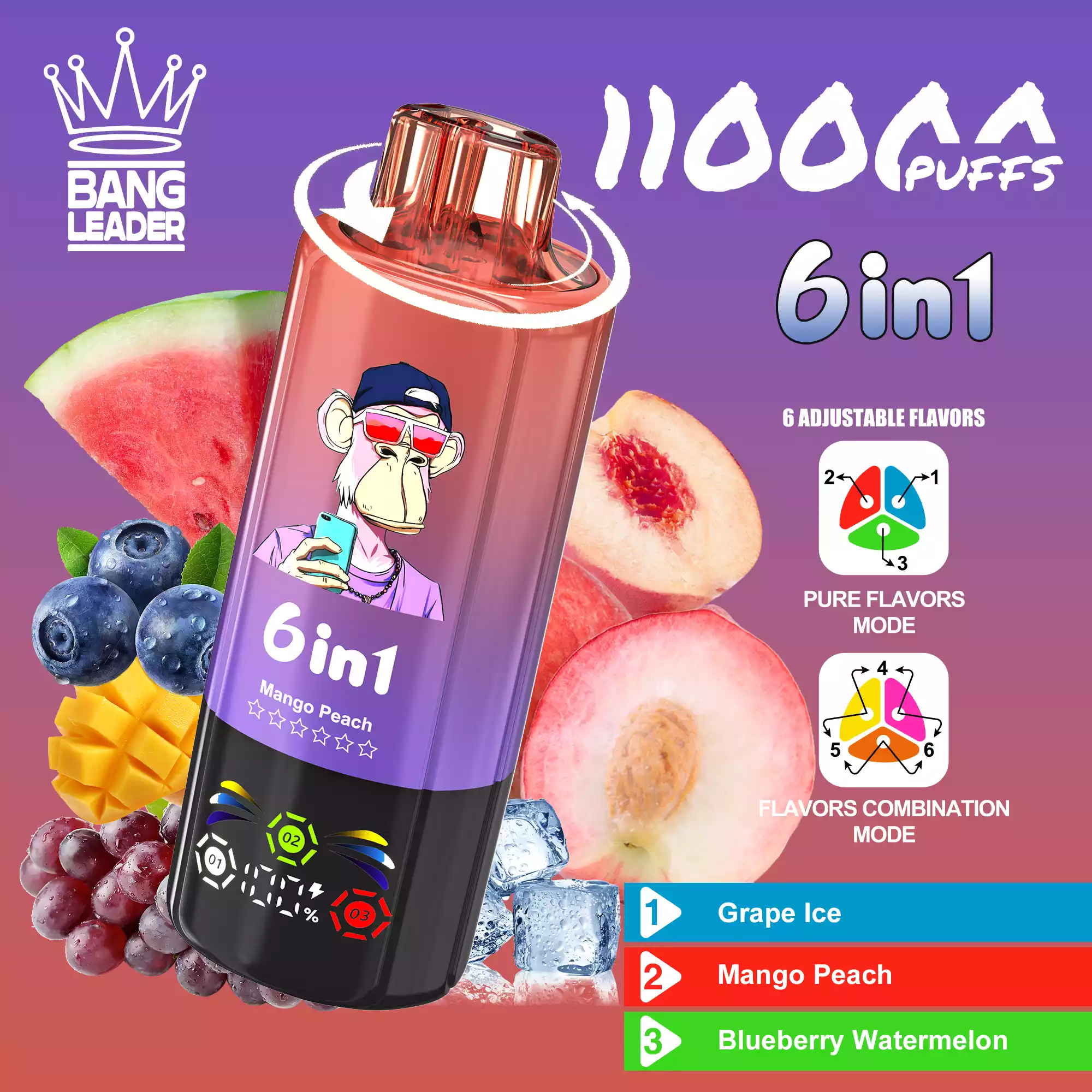 Bang Leader 110K Vape 6-in-1 Flavor Mix Switch 110000 Puffs Vape EU Warehouse Shipping Grape Ice & Mango Peach & Blueberry Watermelon Bang Leader 110K Vape 6-in-1 Flavor Mix Switch 110000 Puffs Vape EU Warehouse Shipping Grape Ice & Mango Peach & Blueberry Watermelon
