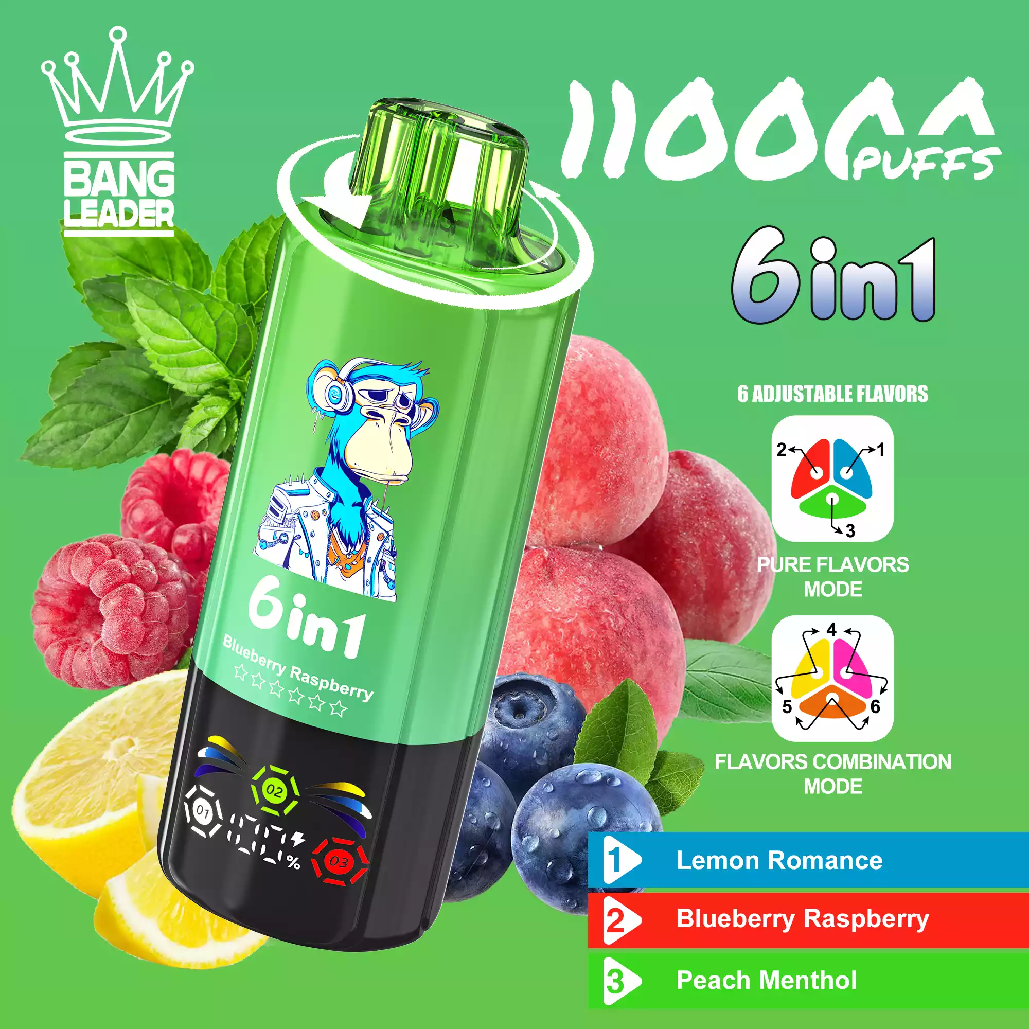 Bang Leader 110K Vape 6-in-1 Flavor Mix Switch 110000 Puffs Vape EU Warehouse Shipping Lemon Romance & Blueberry Raspberry & Peach Menthol Bang Leader 110K Vape 6-in-1 Flavor Mix Switch 110000 Puffs Vape EU Warehouse Shipping Lemon Romance & Blueberry Raspberry & Peach Menthol