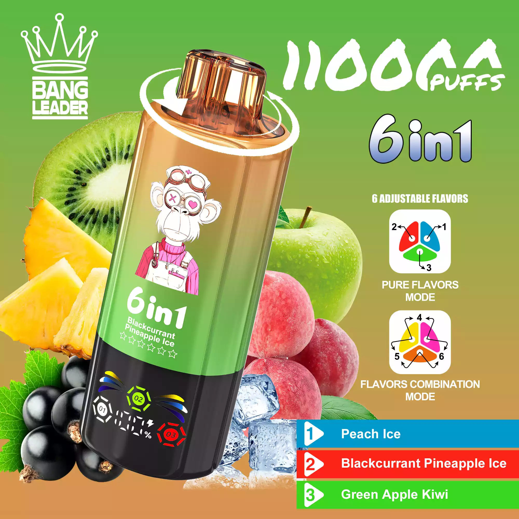 Bang Leader 110K Vape 6-in-1 Flavor Mix Switch 110000 Puffs Vape EU Warehouse Shipping Peach Ice & Blackcurrant Pineapple Ice & Green Apple Kiwi Bang Leader 110K Vape 6-in-1 Flavor Mix Switch 110000 Puffs Vape EU Warehouse Shipping Peach Ice & Blackcurrant Pineapple Ice & Green Apple Kiwi