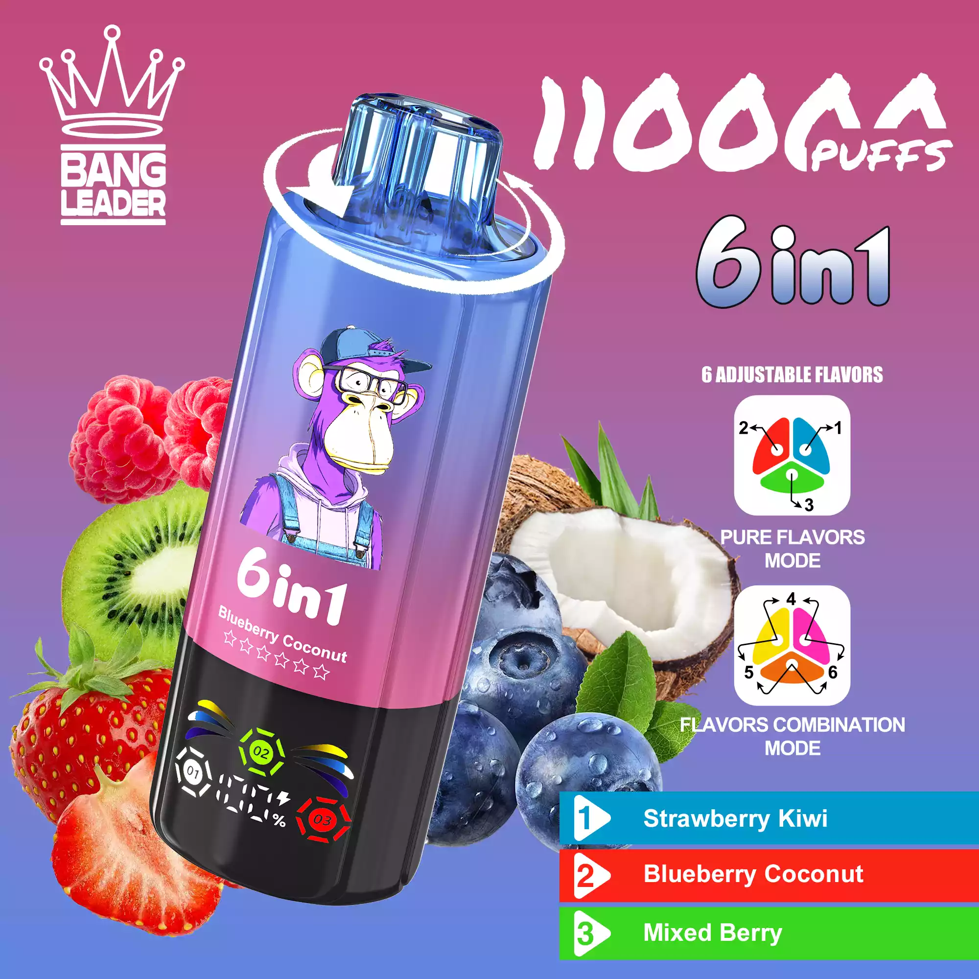 Bang Leader 110K Vape 6-in-1 Flavor Mix Switch 110000 Puffs Vape EU Warehouse Shipping Strawberry Kiwi & Blueberry Coconut & Mixed Berry Bang Leader 110K Vape 6-in-1 Flavor Mix Switch 110000 Puffs Vape EU Warehouse Shipping Strawberry Kiwi & Blueberry Coconut & Mixed Berry