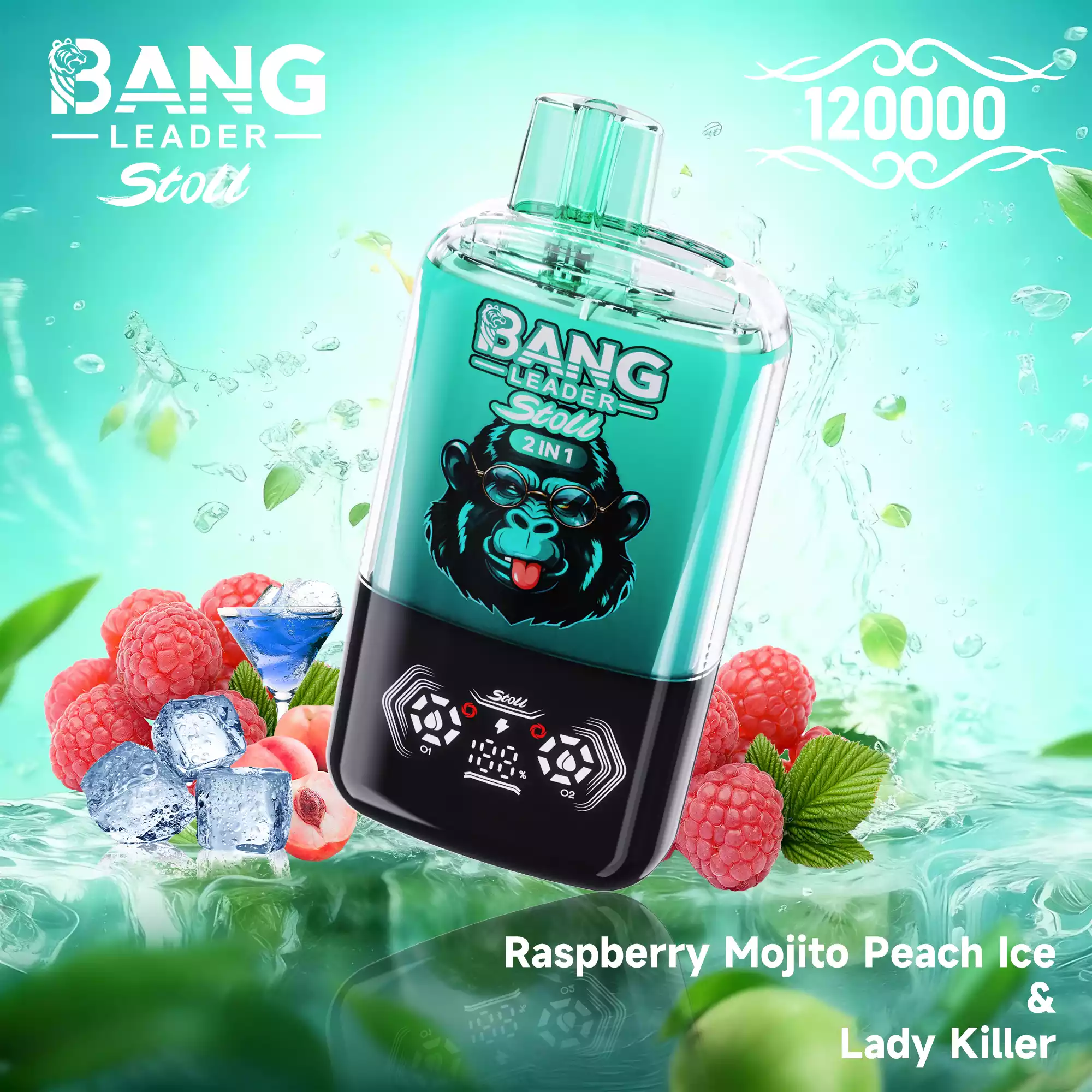Bang Leader 120K Puffs Disposable Vape 2-in-1 Flavors Raspberry Mojito Peach Ice & Lady Killer Bang Leader 120K Puffs Disposable Vape 2-in-1 Flavors Raspberry Mojito Peach Ice & Lady Killer