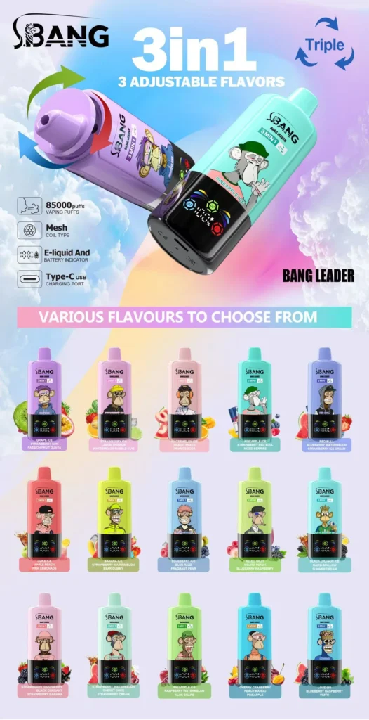 Bang Leader 85K Puffs Disposable Vape 3-in-1 Flavor Switch Smart Display Monkey Design all flavors