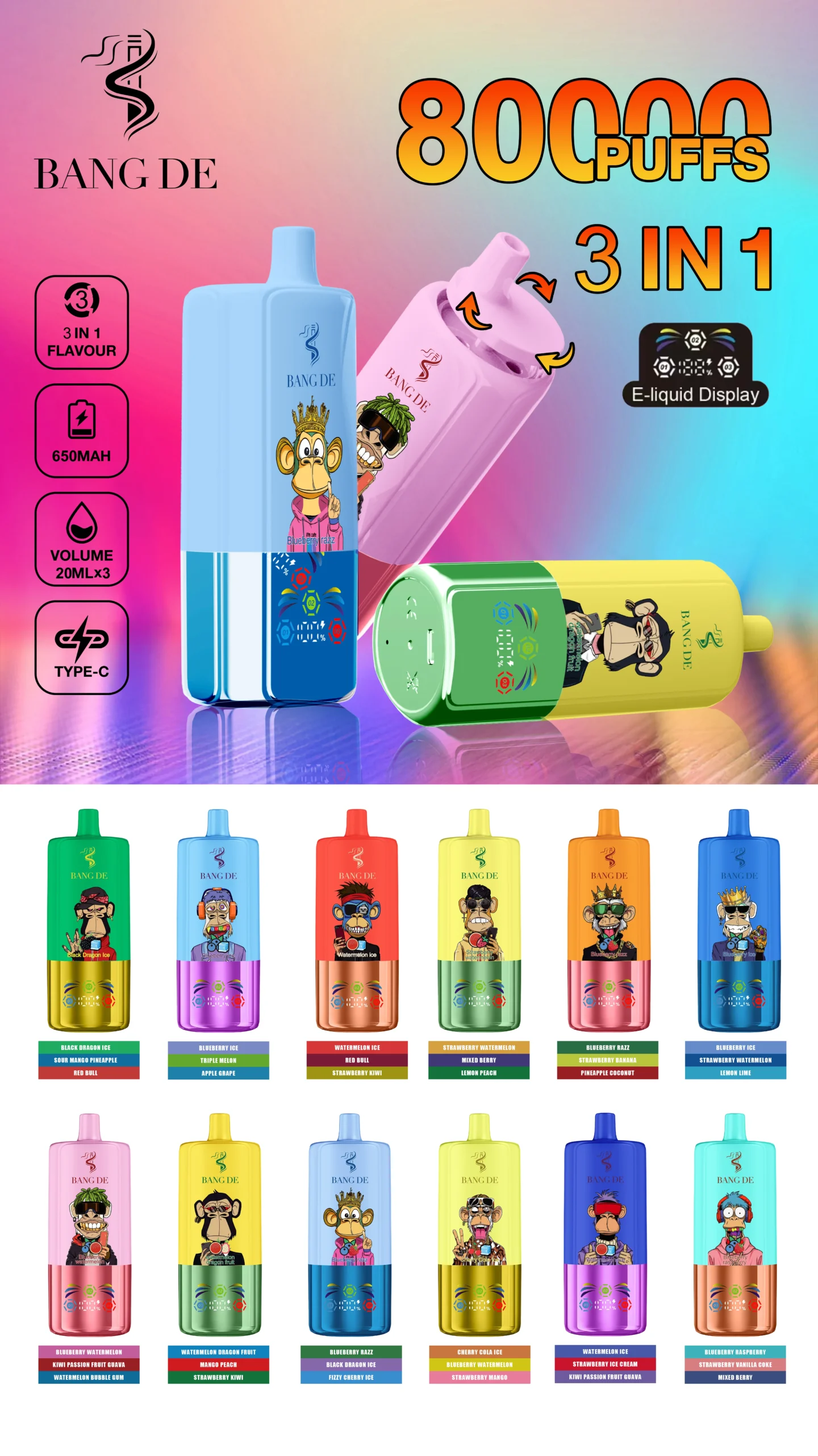 The Bang DE Triple 80K is a classic two-tone device that has become a staple in the European market. It features a unique lift-and-rotate top section, allowing you to switch between three separate 20ml flavor pods instantly. Each pod is powered by its own 1.0Ω Mesh Coil, ensuring that flavors stay pure and vapor production remains massive throughout all 80,000 puffs.