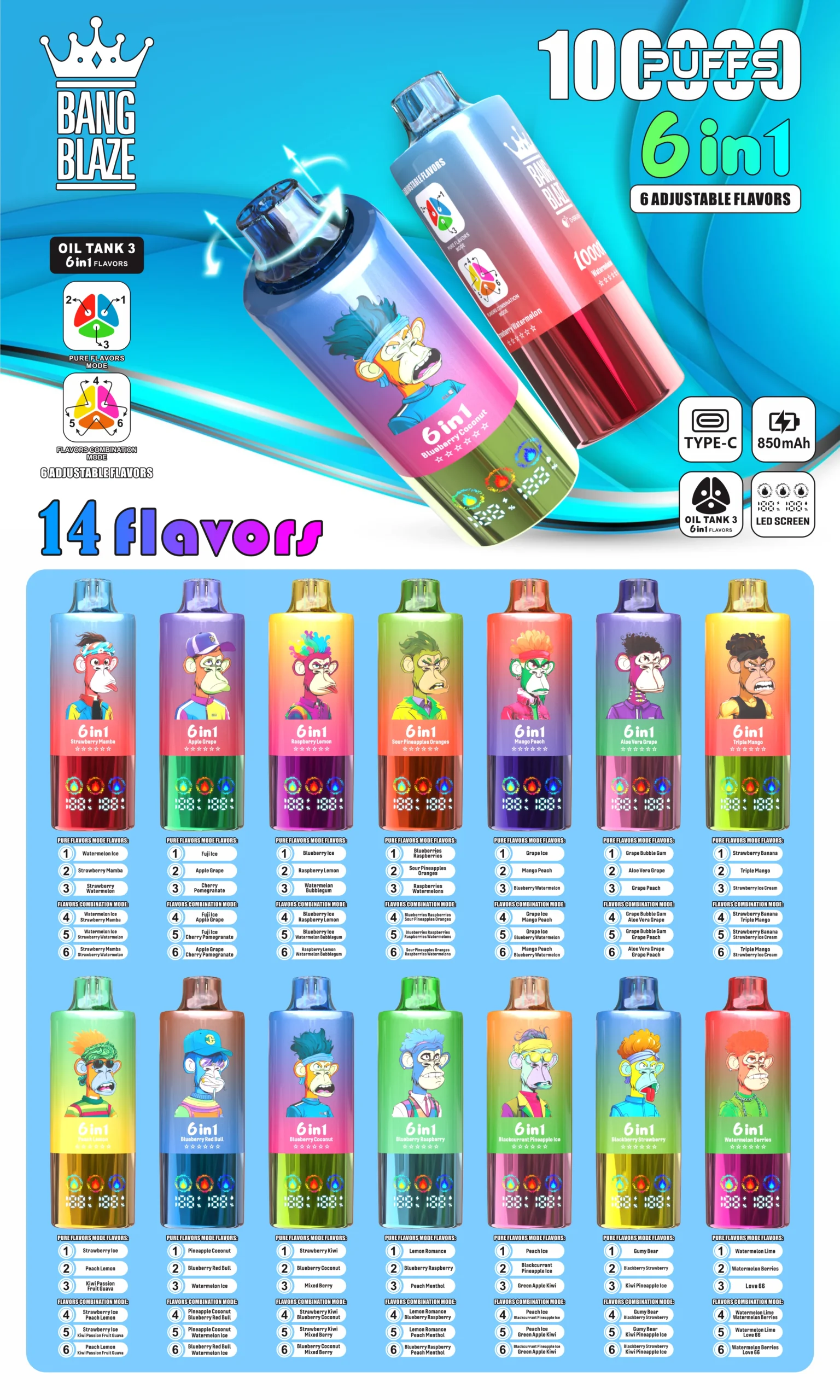 Bang Blaze 100K Vape 6in1 Flavors All Flavors