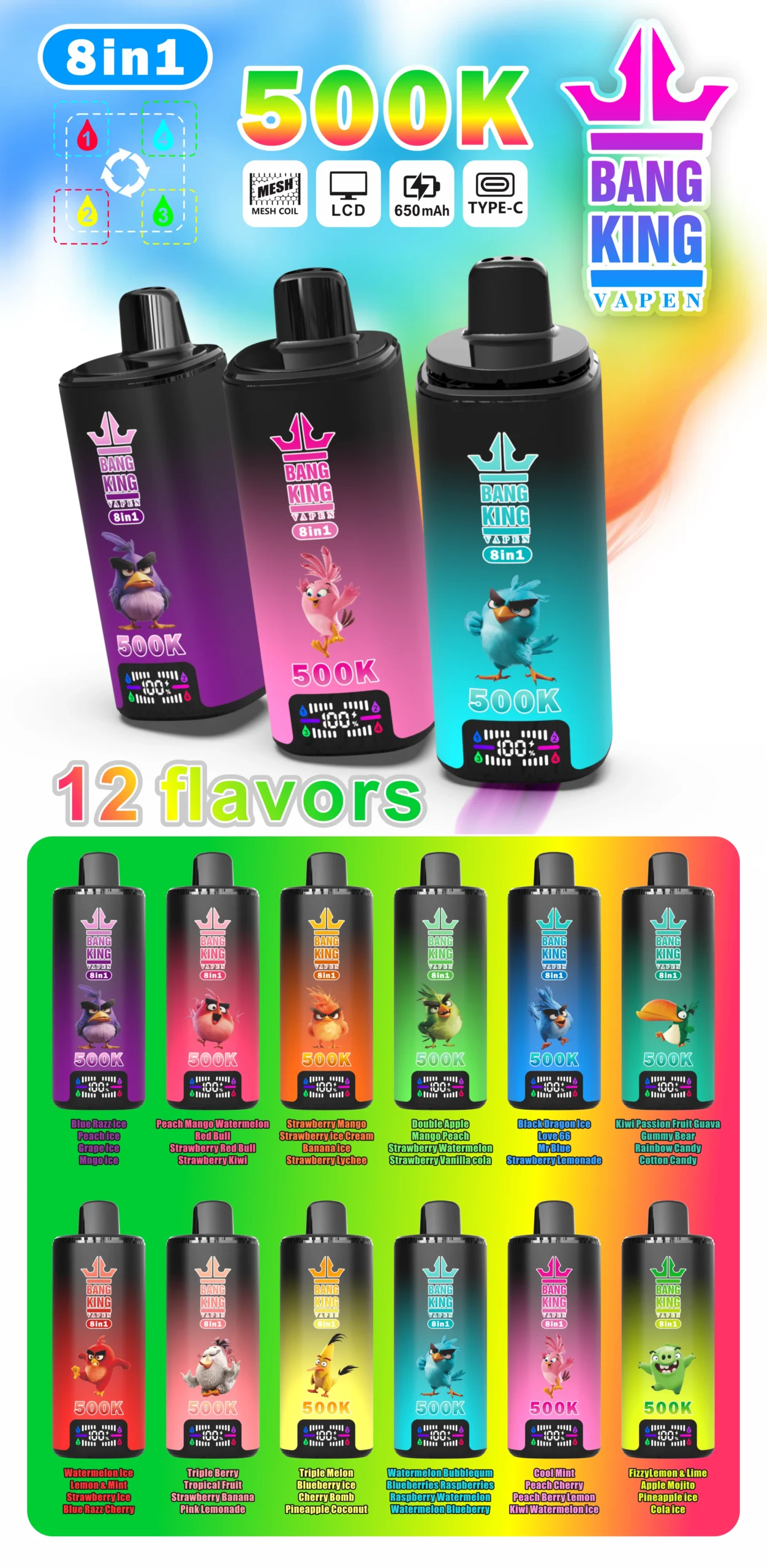 Bang King 500K Vape 8in1 Flavors All Flavors