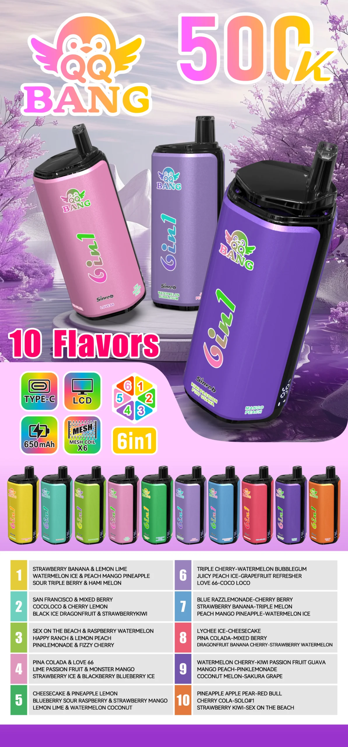 QQ Bang 500K Vape 6in1 Flavors All Flavors